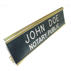 Oklahoma notary desk signs are an essential part of presenting a professional image in the modern day work environment. This elegant, brass metal desk sign engraved with your name and the wording 'Notary Public' on an acrylic plate will make a fine addition to your office. This sign can be customized with up to two lines. Please type in any special customization instructions in the instruction box at checkout.