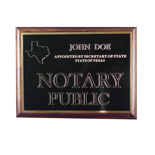 This Oklahoma notary deluxe wall sign is mounted on an attractive walnut plaque and engraved on a metal plate with gold lettering with your name, your state, and the wording 'Notary Public'. This sign makes a fine addition to any office.